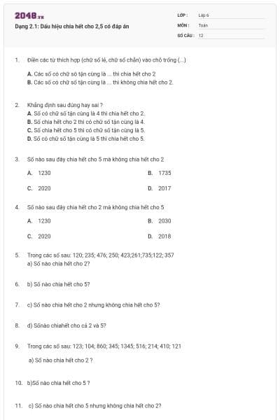 Dạng 2.1: Dấu hiệu chia hết cho 2,5 có đáp án