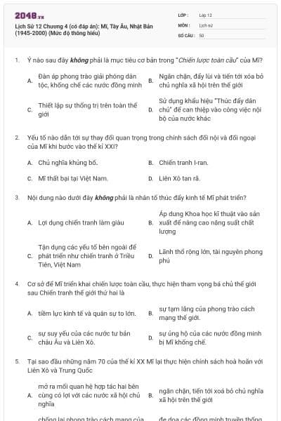 Lịch Sử 12 Chương 4 (có đáp án): Mĩ, Tây Âu, Nhật Bản (1945-2000) (Mức độ thông hiểu)