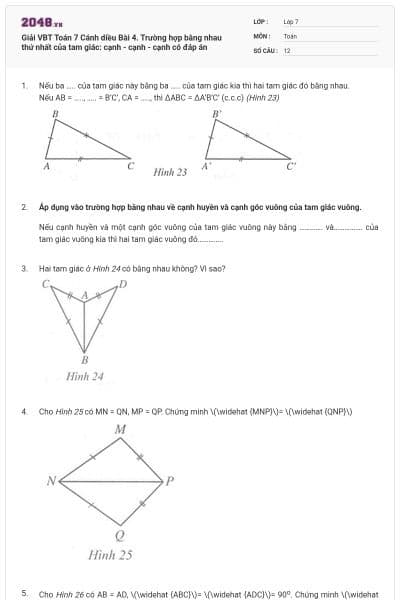 Giải VBT Toán 7 Cánh diều Bài 4. Trường hợp bằng nhau thứ nhất của tam giác: cạnh - cạnh - cạnh có đáp án