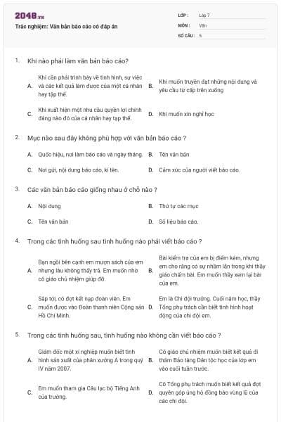 Trắc nghiệm: Văn bản báo cáo có đáp án
