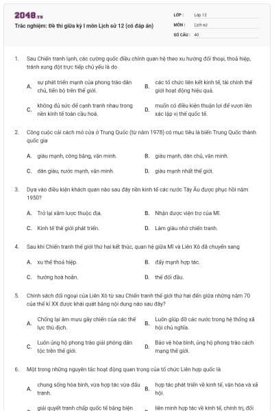 Trắc nghiệm: Đề thi giữa kỳ I môn Lịch sử 12 (có đáp án)