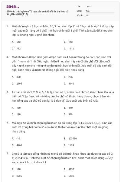 299 câu trắc nghiệm Tổ hợp xác suất từ đề thi đại học có lời giải chi tiết(P10)