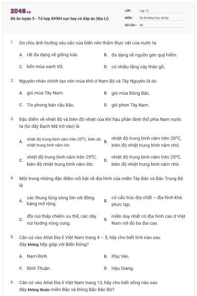 Đề ôn luyện 5 - Tổ hợp KHXH cực hay có đáp án (Địa Lí)