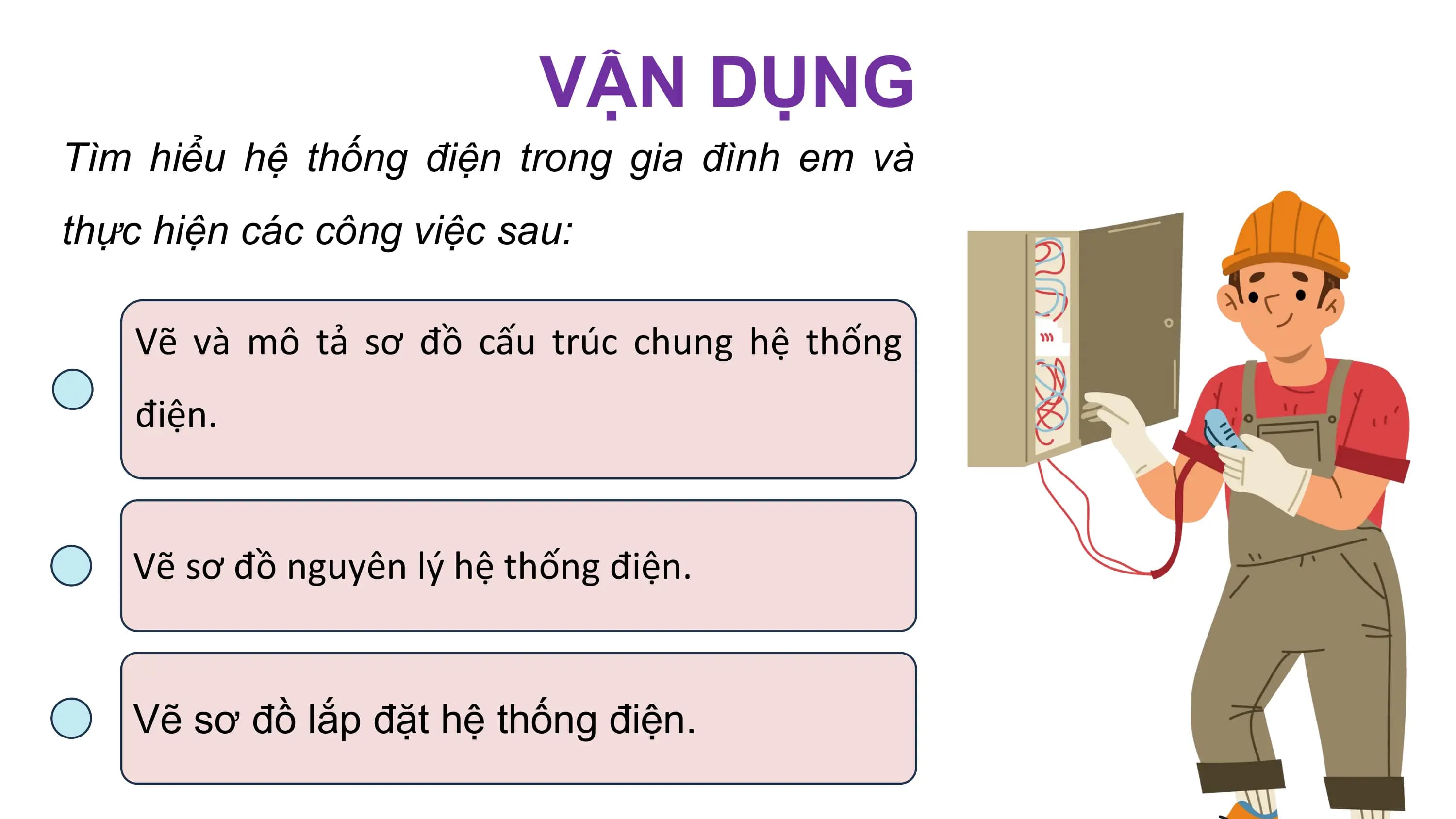 VẬN DỤNG
Tìm hiểu hệ thống điện trong gia đình em và
thực hiện các công việc sau:
Vẽ và mô tả sơ đồ cấu trúc chung hệ thống
điện.
Vẽ sơ đồ nguyên lý hệ thống điện.
Vẽ sơ đồ lắp đặt hệ thống điện.