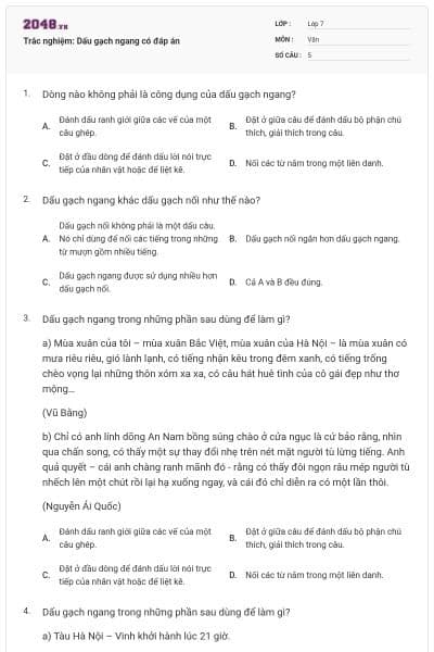 Trắc nghiệm: Dấu gạch ngang có đáp án