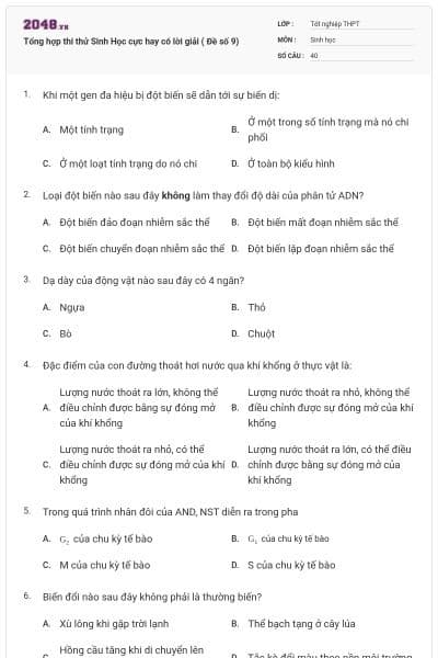 Tổng hợp thi thử Sinh Học cực hay có lời giải ( Đề số 9)