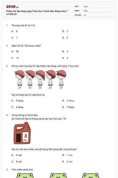 Phiếu bài tập hàng ngày Toán lớp 3 Cánh diều Bảng chia 7 có đáp án