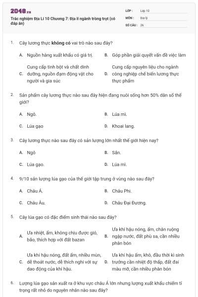 Trắc nghiệm Địa Lí 10 Chương 7: Địa lí ngành trồng trọt (có đáp án)