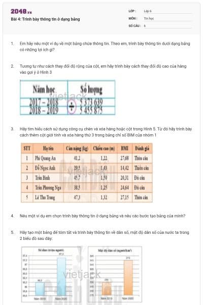 Bài 4: Trình bày thông tin ở dạng bảng