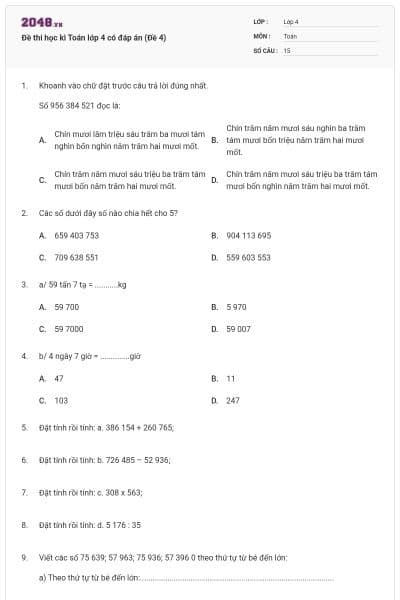 Đề thi học kì Toán lớp 4 có đáp án (Đề 4)