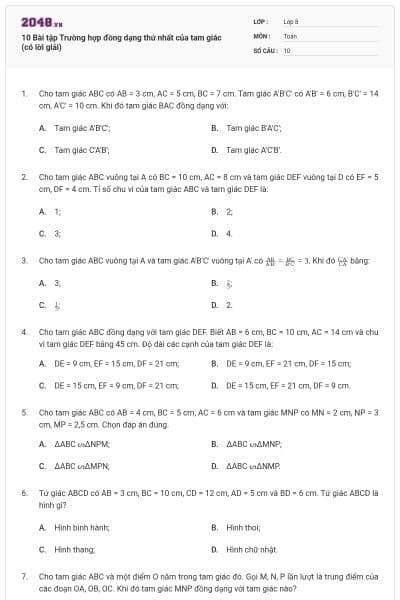 10 Bài tập Trường hợp đồng dạng thứ nhất của tam giác (có lời giải)
