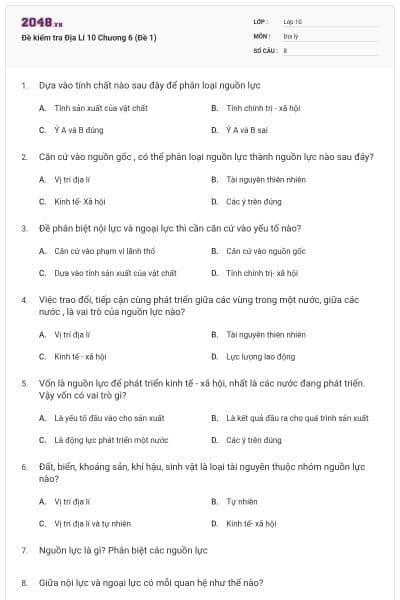 Đề kiểm tra Địa Lí 10 Chương 6 (Đề 1)