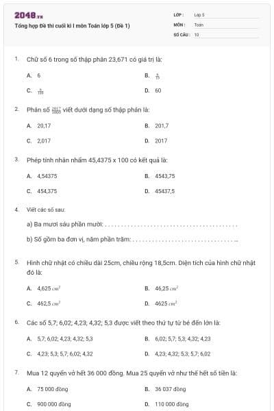 Tổng hợp Đề thi cuối kì I môn Toán lớp 5 (Đề 1)