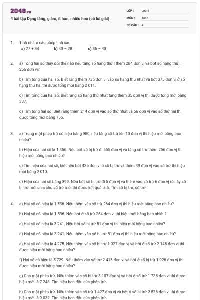 4 bài tập Dạng tăng, giảm, ít hơn, nhiều hơn (có lời giải)