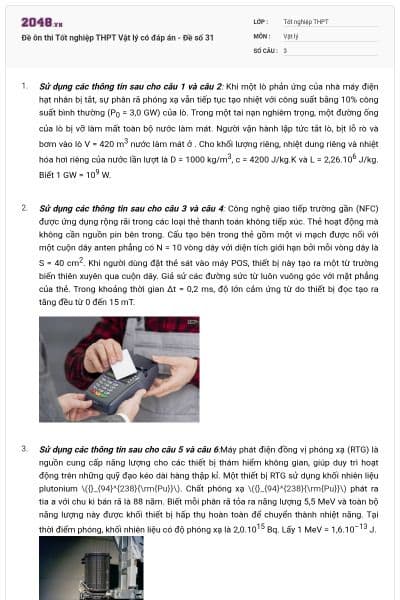 Đề ôn thi Tốt nghiệp THPT Vật lý có đáp án - Đề số 31