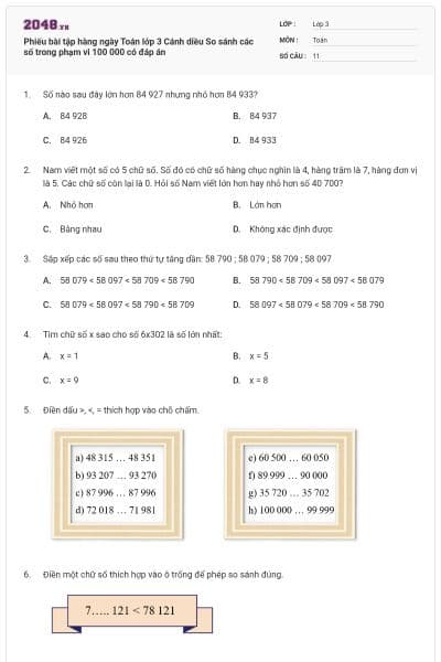 Phiếu bài tập hàng ngày Toán lớp 3 Cánh diều So sánh các số trong phạm vi 100 000 có đáp án