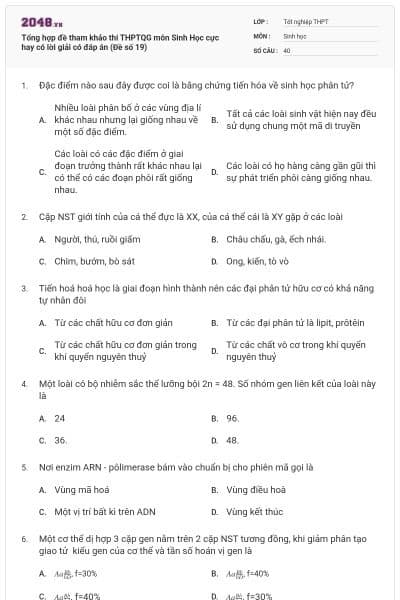 Tổng hợp đề tham khảo thi THPTQG môn Sinh Học cực hay có lời giải có đáp án (Đề số 19)