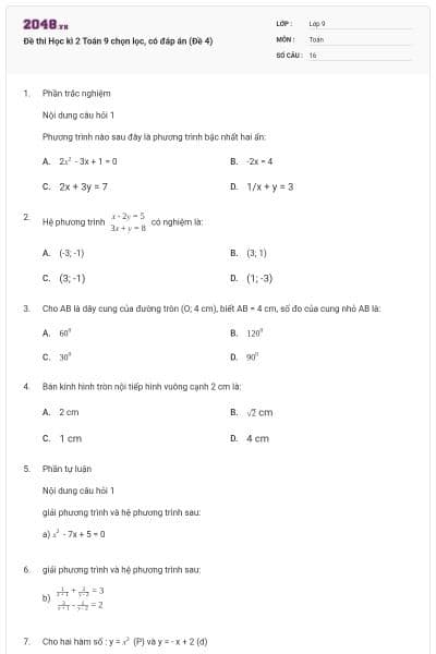 Đề thi Học kì 2 Toán 9 chọn lọc, có đáp án (Đề 4)