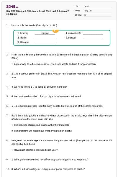 Giải SBT Tiếng anh 10 I-Learn Smart Word Unit 8. Lesson 2 có đáp án