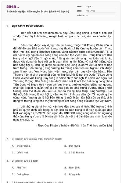 5 câu trắc nghiệm Nói và nghe: Di tích lịch sử (có đáp án)
