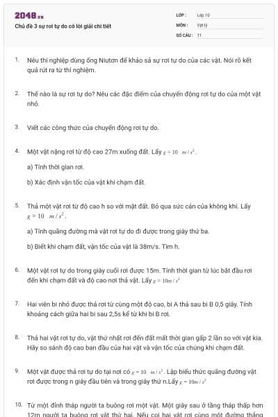 Chủ đề 3 sự rơi tự do có lời giải chi tiết
