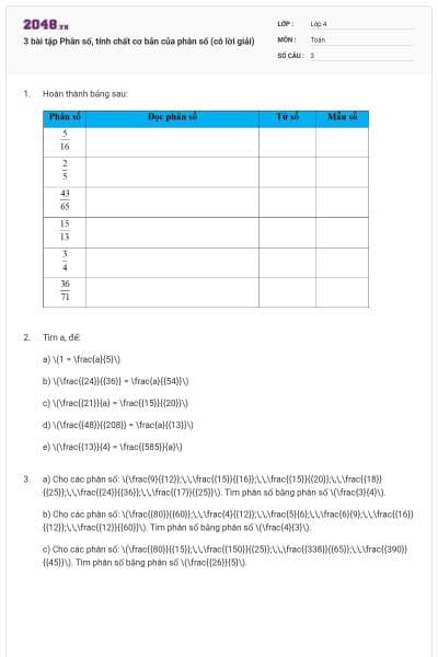 3 bài tập Phân số, tính chất cơ bản của phân số (có lời giải)