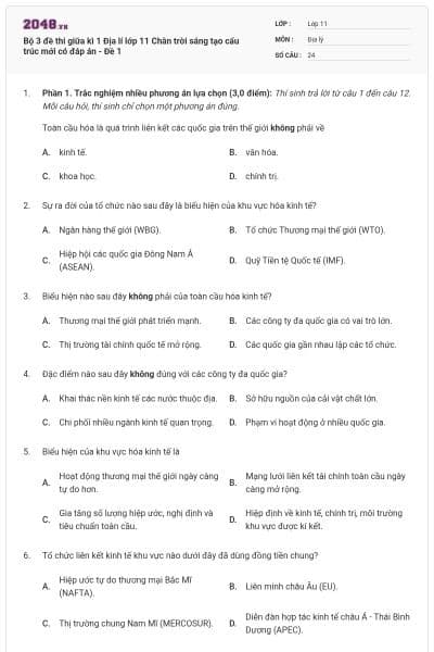 Bộ 3 đề thi giữa kì 1 Địa lí lớp 11 Chân trời sáng tạo cấu trúc mới có đáp án - Đề 1