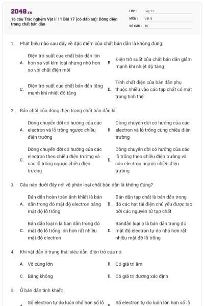 16 câu Trắc nghệm Vật lí 11 Bài 17 (có đáp án): Dòng điện trong chất bán dẫn