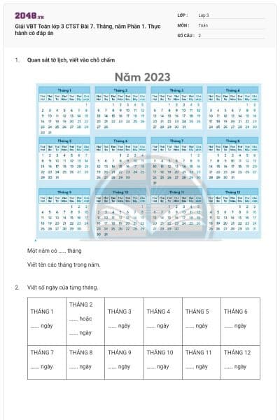 Giải VBT Toán lớp 3 CTST Bài 7. Tháng, năm Phần 1. Thực hành có đáp án
