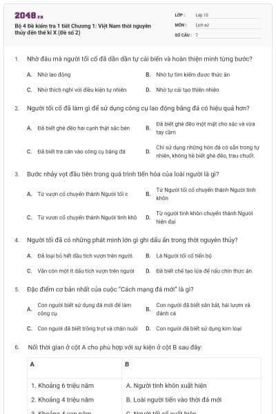 Bộ 4 Đề kiểm tra 1 tiết Chương 1: Việt Nam thời nguyên thủy đến thế kỉ X (Đề số 2)