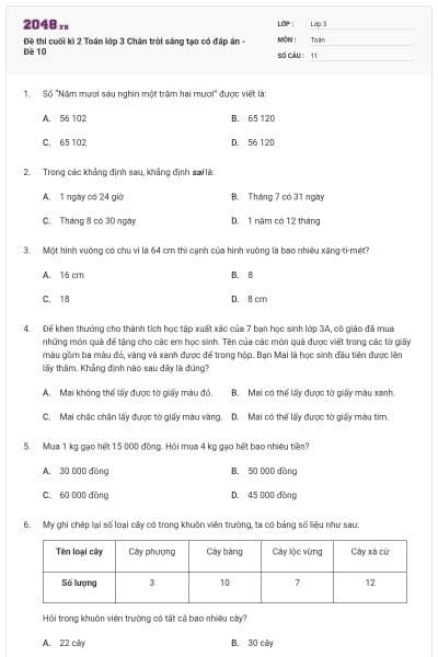 Đề thi cuối kì 2 Toán lớp 3 Chân trời sáng tạo có đáp án - Đề 10