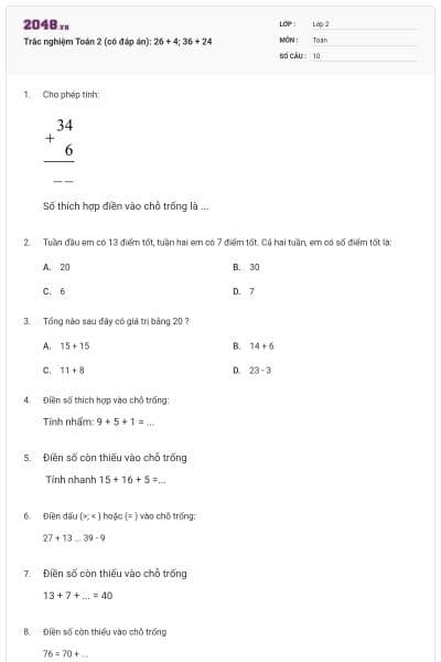 Trắc nghiệm Toán 2 (có đáp án): 26 + 4; 36 + 24