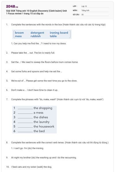 Giải SGK Tiếng anh 10 English Discovery (Cánh buồm) Unit 1 Focus review 1 trang 15 có đáp án