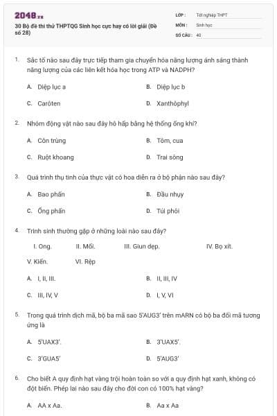 30 Bộ đề thi thử THPTQG Sinh học cực hay có lời giải (Đề số 28)