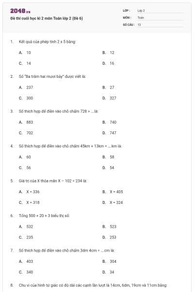 Đề thi cuối học kì 2 môn Toán lớp 2 (Đề 6)