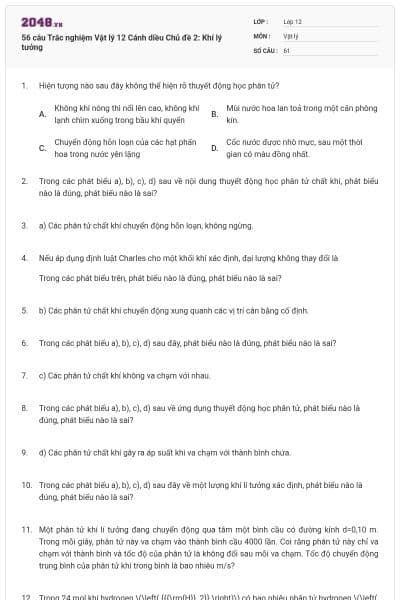 56 câu Trắc nghiệm Vật lý 12 Cánh diều Chủ đề 2: Khí lý tưởng