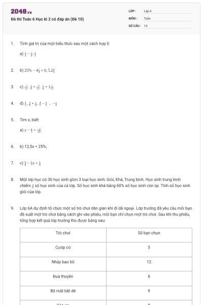 Đề thi Toán 6 Học kì 2 có đáp án (Đề 10)