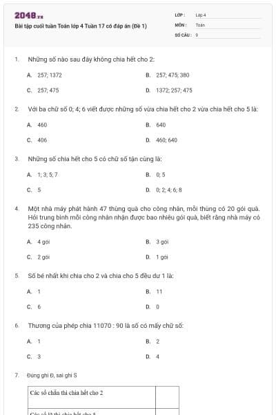 Bài tập cuối tuần Toán lớp 4 Tuần 17 có đáp án (Đề 1)