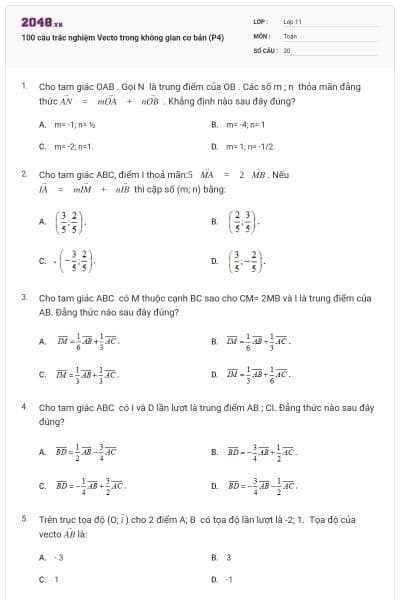 100 câu trắc nghiệm Vecto trong không gian cơ bản (P4)