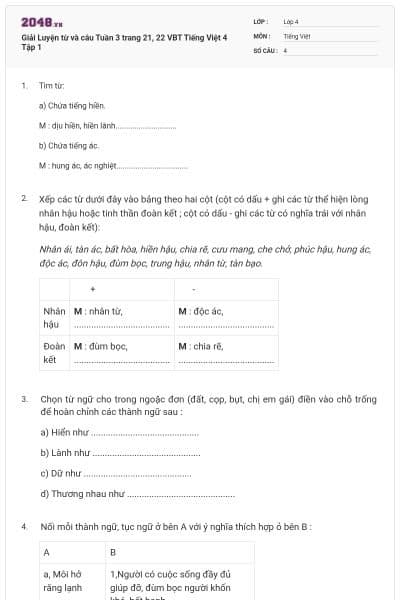 Giải Luyện từ và câu Tuần 3 trang 21, 22 VBT Tiếng Việt 4 Tập 1