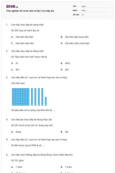 Trắc nghiệm Số có ba chữ số lớp 2 (có đáp án)