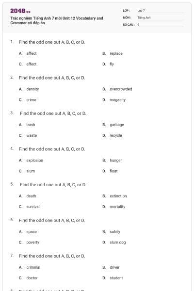 Trắc nghiệm Tiếng Anh 7 mới Unit 12 Vocabulary and Grammar có đáp án