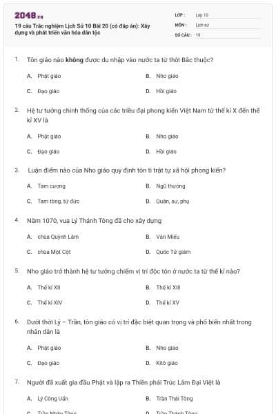 19 câu Trắc nghiệm Lịch Sử 10 Bài 20 (có đáp án): Xây dựng và phát triển văn hóa dân tộc