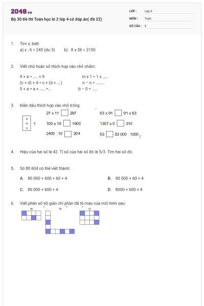 Bộ 30 Đề thi Toán học kì 2 lớp 4 có đáp án( đề 22)