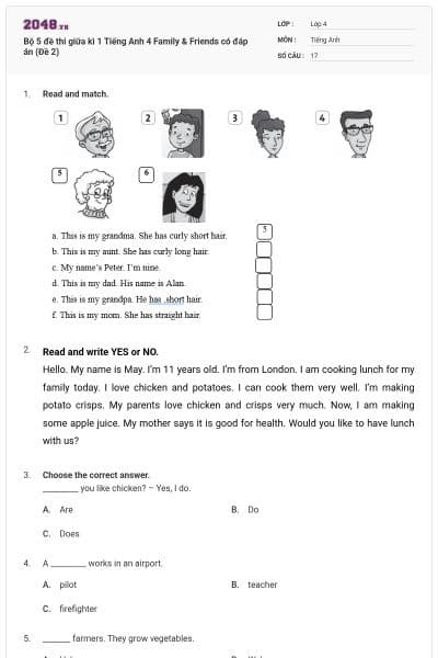 Bộ 5 đề thi giữa kì 1 Tiếng Anh 4 Family & Friends có đáp án (Đề 2)