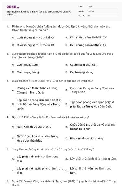 Trăc nghiệm Lich sử 9 Bài 4: (có đáp án)Các nước Châu Á (Phần 2)
