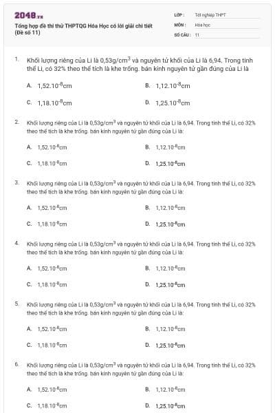 Tổng hợp đề thi thử THPTQG Hóa Học có lời giải chi tiết (Đề số 11)