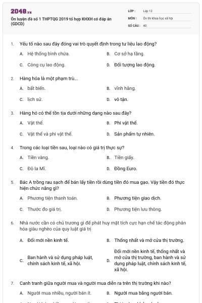 Ôn luyện đề số 1 THPTQG 2019 tổ hợp KHXH có đáp án (GDCD)