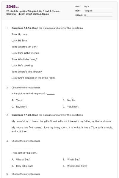 20 câu trắc nghiệm Tiếng Anh lớp 3 Unit 4. Home - Grammar - iLearn smart start có đáp án