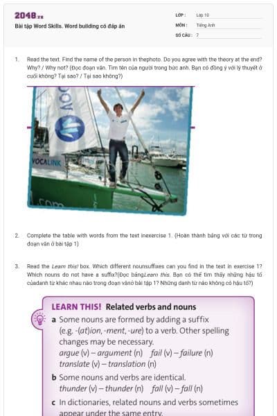 Bài tập Word Skills. Word building có đáp án